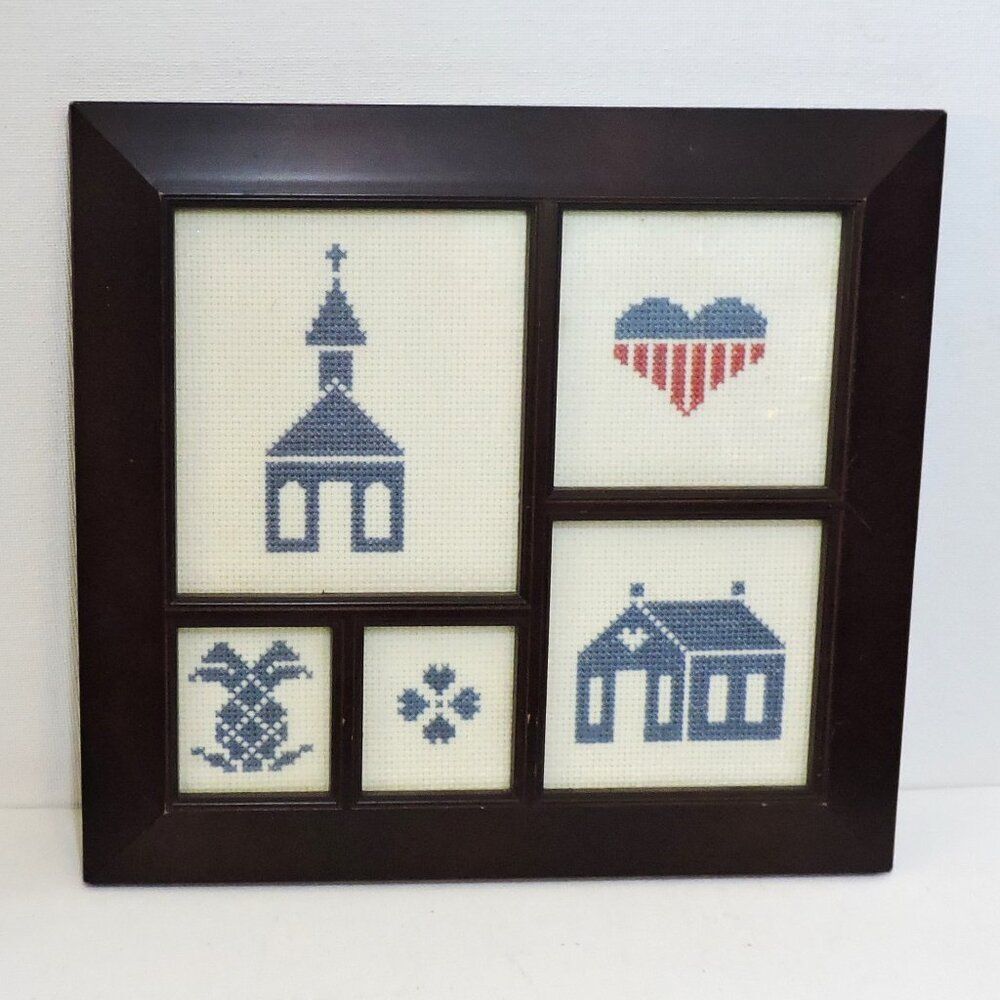 Hand Made Cross Stitch Framed Needlework God Home Country Wall Or Surface Decor - Picture 1 of 2